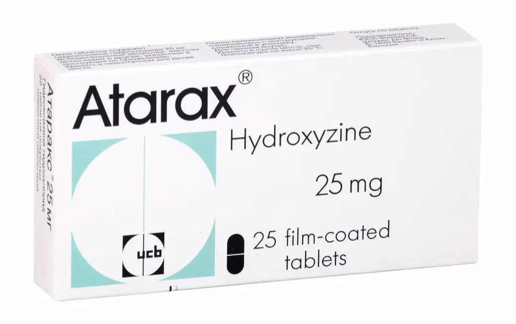 Atarax (Атаракс) Hydroxyzine 25 mg, 25 таблеток, покрытых плёночной оболочкой — упаковка с латинским названием
